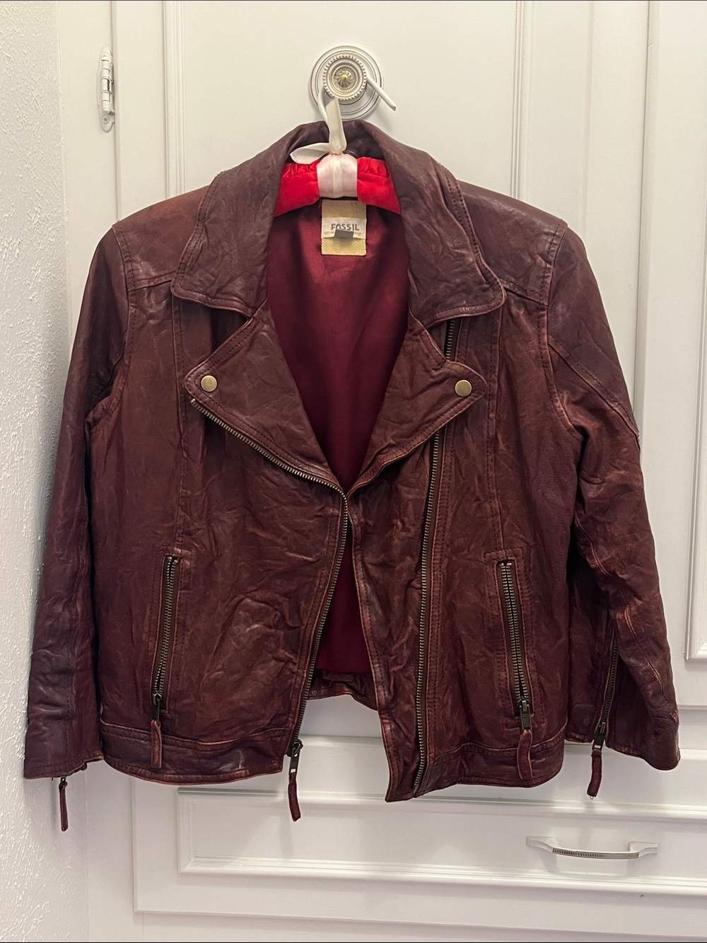 Fossil Women's Distressed Burgundy Leather Biker Jacket